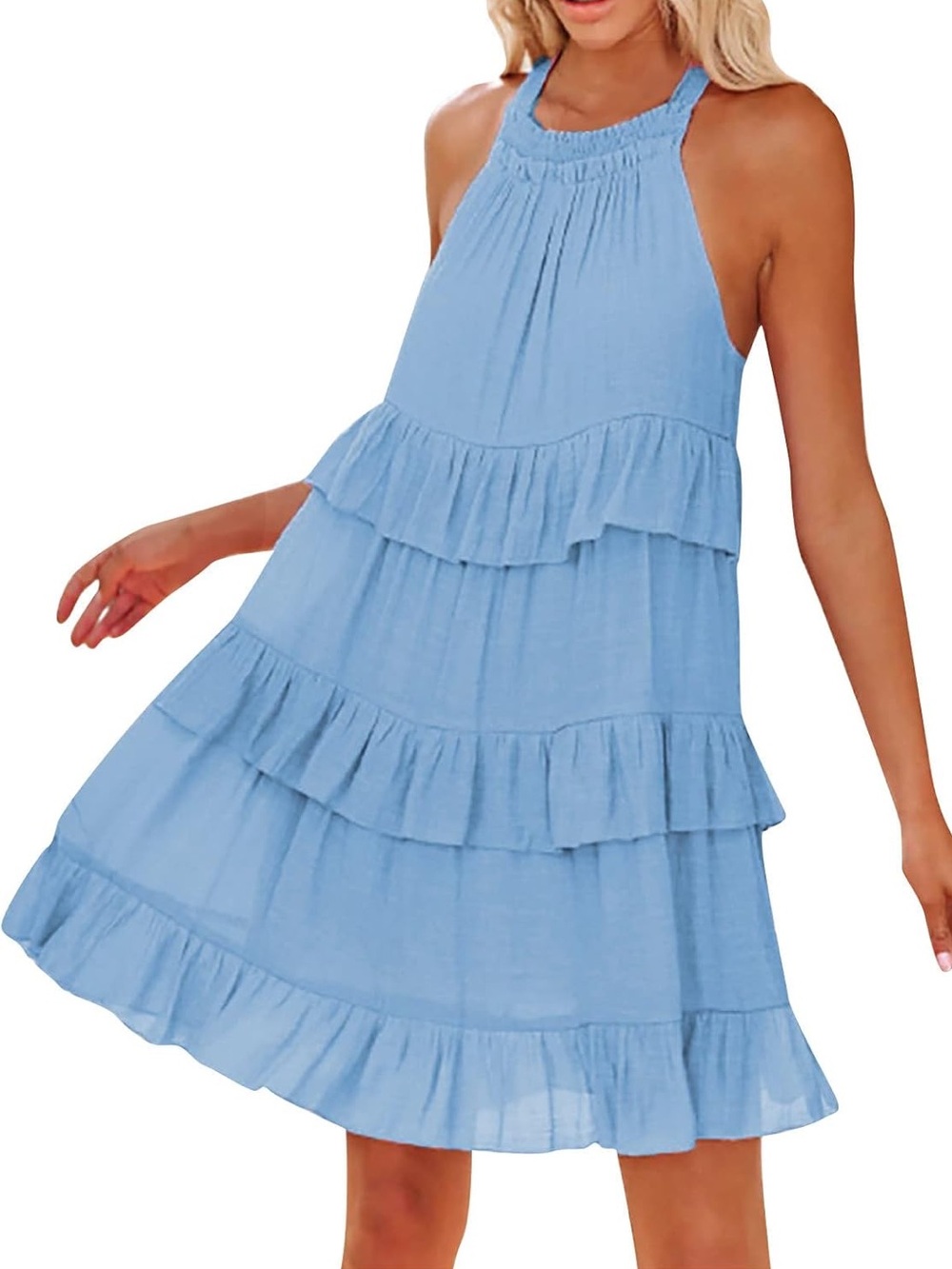 SHEIN Sky Blue Halter Tiered Mini Dress medium